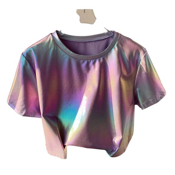 Shein Women's Large Multicolor Pu Coat Holographic Round Neck Short Sleeve Tee - Picture 5 of 5